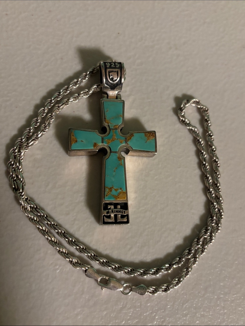 Celtic / Irish Turquoise Inlay Cross Pendant Necklace - 925 Sterling Silver